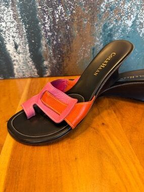 Cole Haan Y2K Colorblock Leather Kitten Heel Slide Sandals Pink Orange GUC